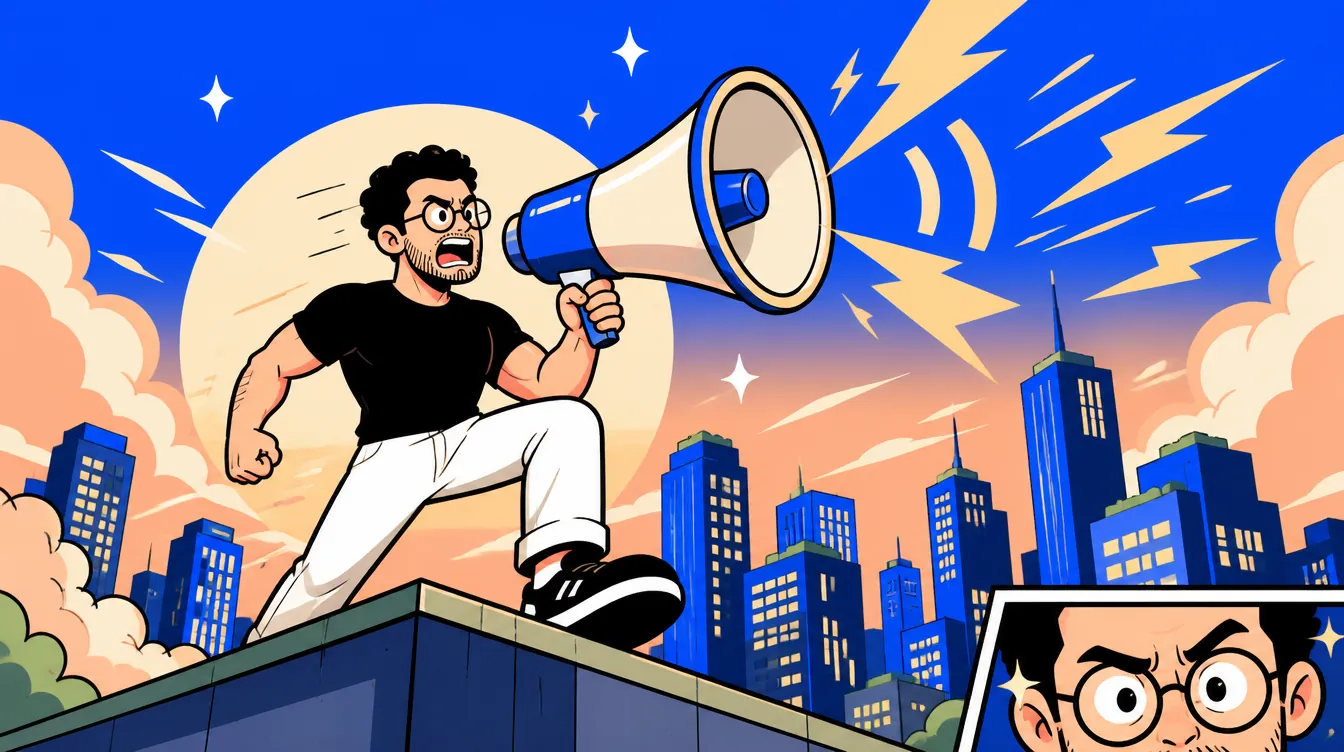 Ilustración de Jorge gritando con un megáfono sobre una ciudad