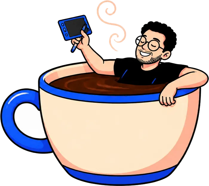 Ilustración de Jorge relajado dentro de una taza de café